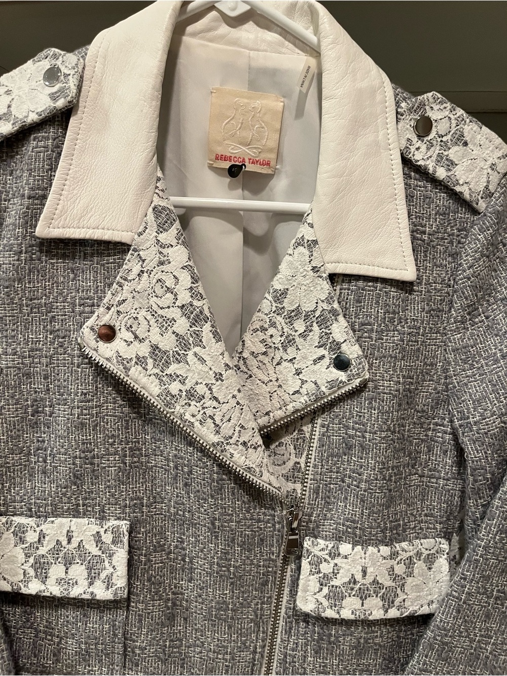 Rebecca Taylor Tweed, Lace & Genuine Leather Moto Jacket, Size M - Picture 4 of 16